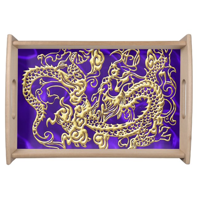 Embossed Gold Dragon on Purple Satin Print Serving Tray (Front)