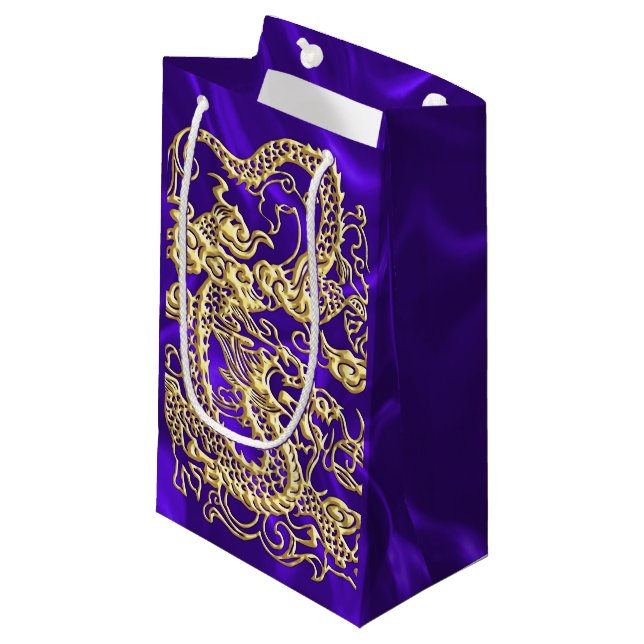 Embossed Gold Dragon on Purple Satin Print Small Gift Bag (Front Angled)