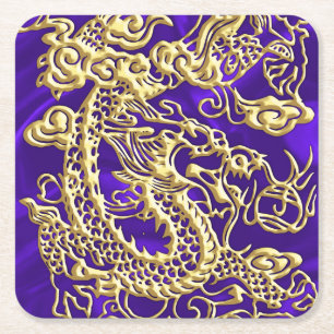 Embossed Gold Dragon on Purple Satin Print Square Paper Coaster