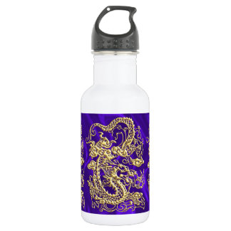 Embossed Gold Dragon on Purple Satin Print Stainless Steel Water Bottle
