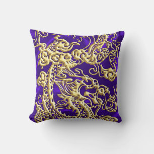 Embossed Gold Dragon on Purple Satin Print Throw Pillow