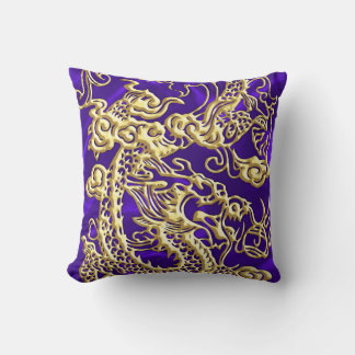 Embossed Gold Dragon on Purple Satin Print Throw Pillow