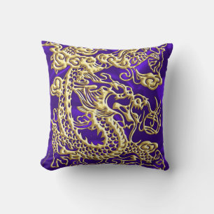 Embossed Gold Dragon on Purple Satin Print Throw Pillow