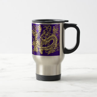Embossed Gold Dragon on Purple Satin Print Travel Mug
