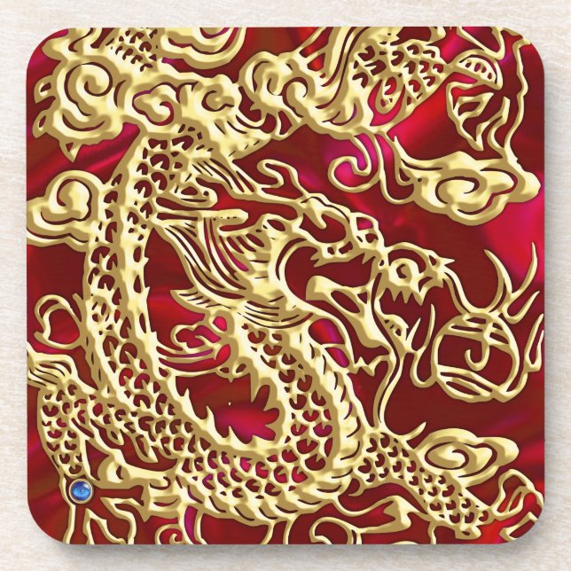 Embossed Gold Dragon on Red Satin Print Coaster (Front)