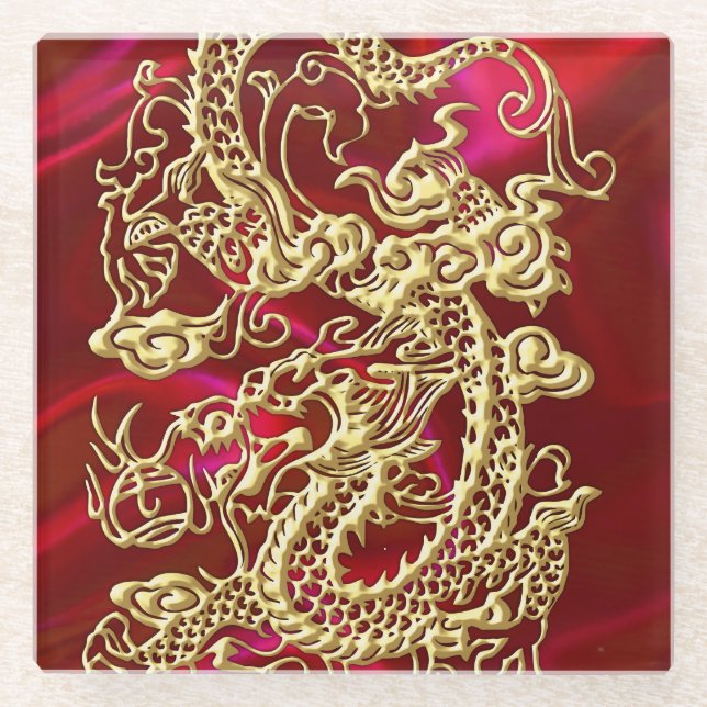 Embossed Gold Dragon on Red Satin Print Glass Coaster (Front)