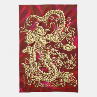 Embossed Gold Dragon on Red Satin Print Kitchen Towel