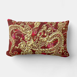 Embossed Gold Dragon on Red Satin Print Lumbar Pillow