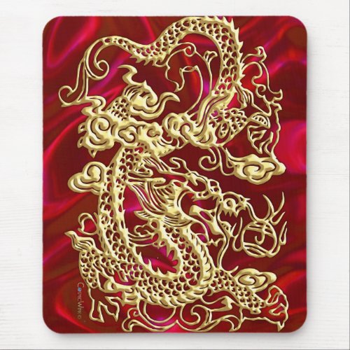 Embossed Gold Dragon on Red Satin Print Mouse Pad