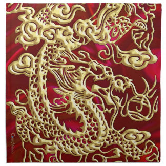 Embossed Gold Dragon on Red Satin Print Napkin