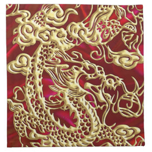 Embossed Gold Dragon on Red Satin Print Napkin