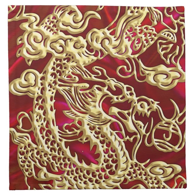 Embossed Gold Dragon on Red Satin Print Napkin (Front)