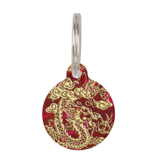 Embossed Gold Dragon on Red Satin Print Pet Name Tag