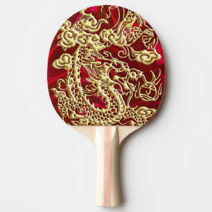 Embossed Gold Dragon on Red Satin Print Ping Pong Paddle