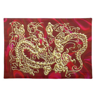 Embossed Gold Dragon on Red Satin Print Placemat