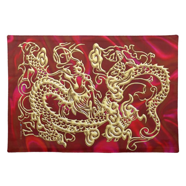 Embossed Gold Dragon on Red Satin Print Placemat (Front)