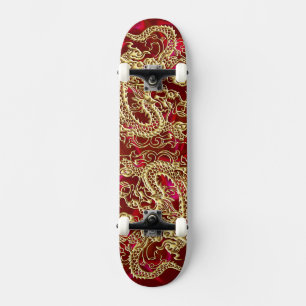Embossed Gold Dragon on Red Satin Print Skateboard