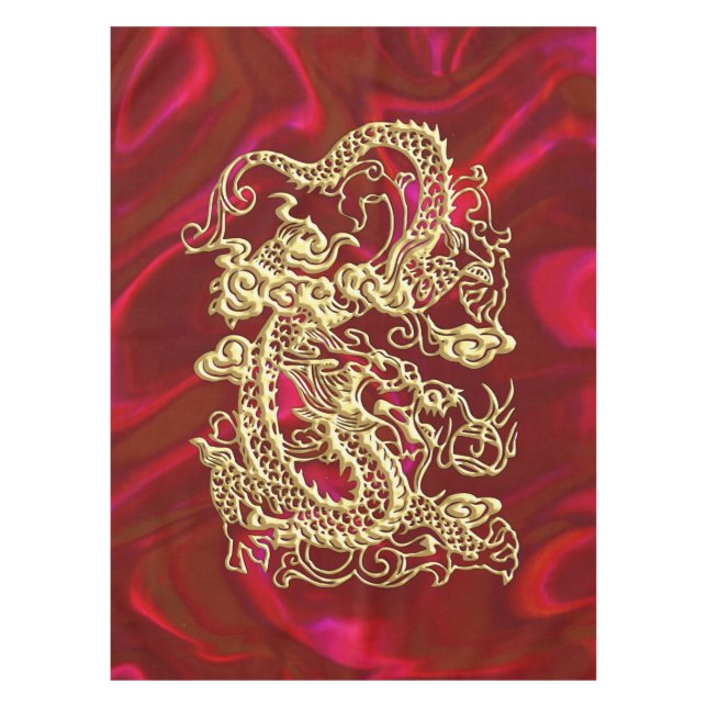 Embossed Gold Dragon on Red Satin Print Tablecloth (Front)
