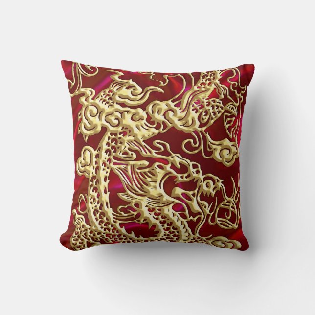 Embossed Gold Dragon on Red Satin Print Throw Pillow (Front)