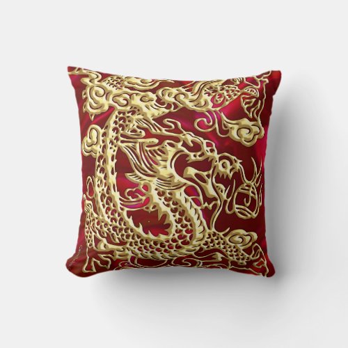 Embossed Gold Dragon on Red Satin Print Throw Pillow