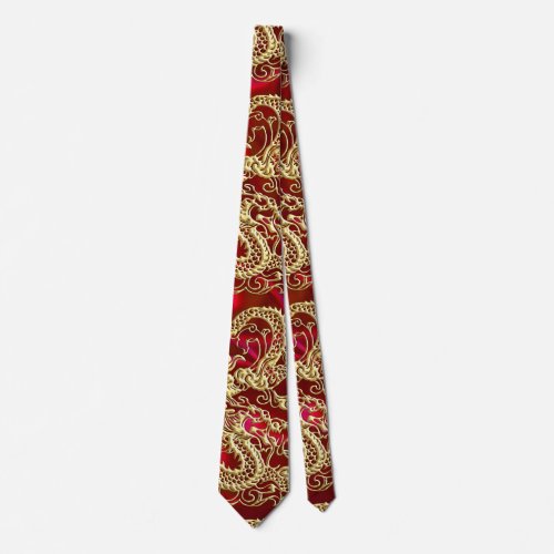 Embossed Gold Dragon on Red Satin Print Tie