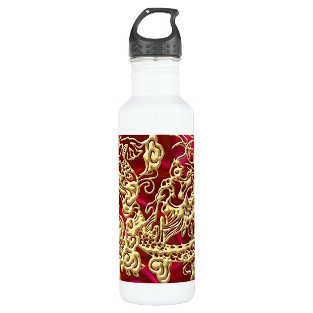 Embossed Gold Dragon on Red Satin Print Water Bottle (Front)