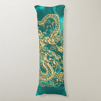 Embossed Gold Dragon on Turquoise Satin Print Body Pillow