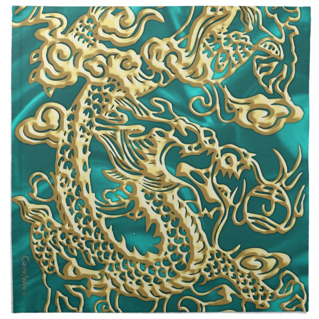 Embossed Gold Dragon on Turquoise Satin Print Cloth Napkin (Front)