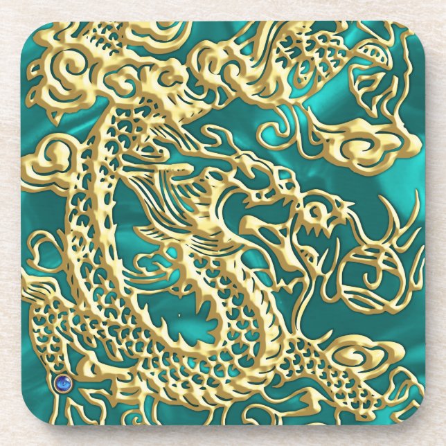 Embossed Gold Dragon on Turquoise Satin Print Coaster (Front)
