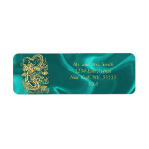 Embossed Gold Dragon on Turquoise Satin Print Label