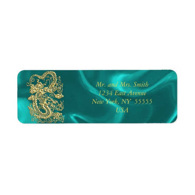 Embossed Gold Dragon on Turquoise Satin Print Label (Front)