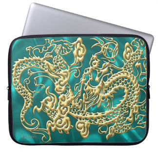 Embossed Gold Dragon on Turquoise Satin Print Laptop Sleeve