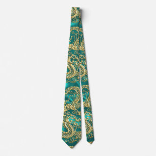 Embossed Gold Dragon on Turquoise Satin Print Neck Tie
