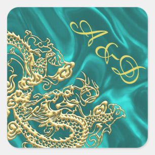 Embossed Gold Dragon on Turquoise Satin Print Square Sticker