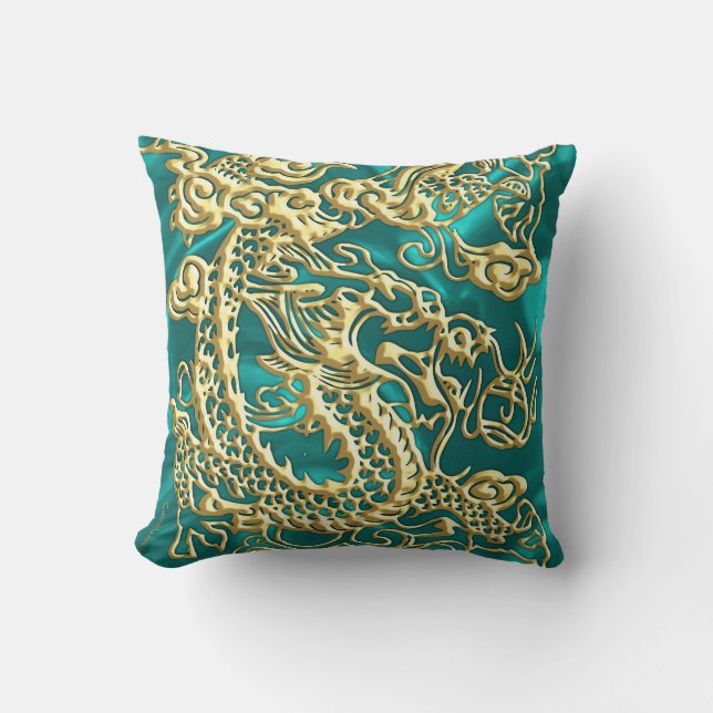 Embossed Gold Dragon on Turquoise Satin Print Throw Pillow (Front)