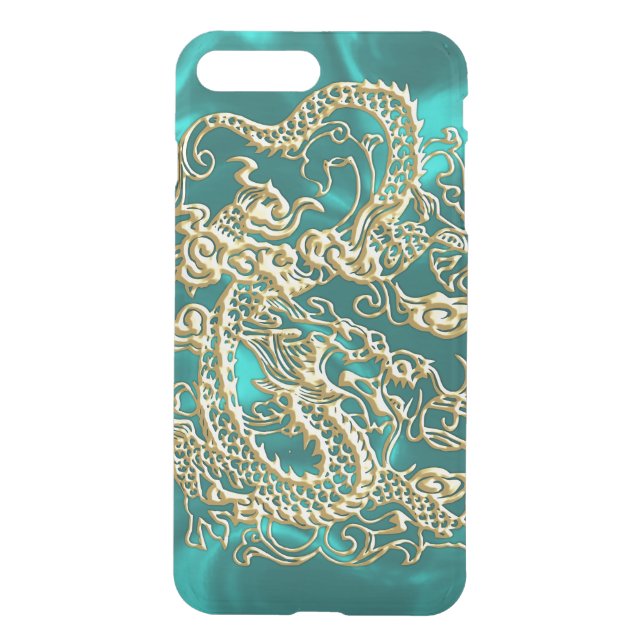 Embossed Gold Dragon on Turquoise Satin Uncommon iPhone Case (Back)