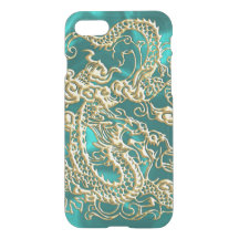 Embossed Gold Dragon on Turquoise Satin