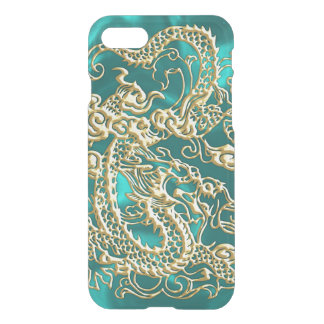 Embossed Gold Dragon on Turquoise Satin iPhone SE/8/7 Case
