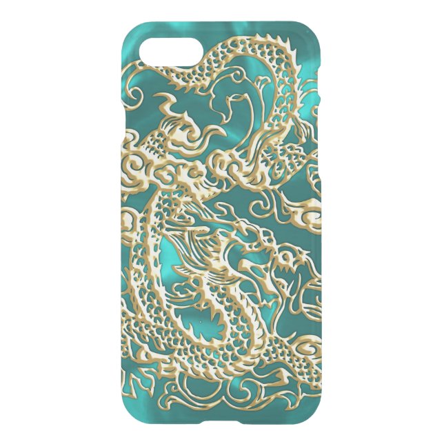 Embossed Gold Dragon on Turquoise Satin Uncommon iPhone Case (Back)