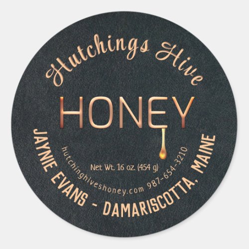 Embossed Gold Dripping Honey Copper Script   Classic Round Sticker