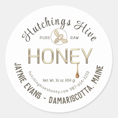 Embossed Gold Dripping Honey with Bee Script Ivory Classic Round Sticker
