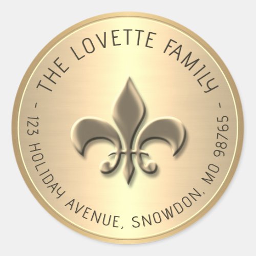 Embossed Gold Fleur de Lis Holiday Return Address  Classic Round Sticker