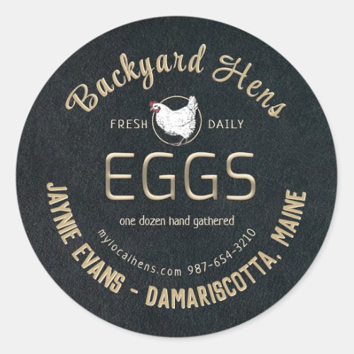 Embossed Gold Fresh Eggs White Hen on Black    Classic Round Sticker