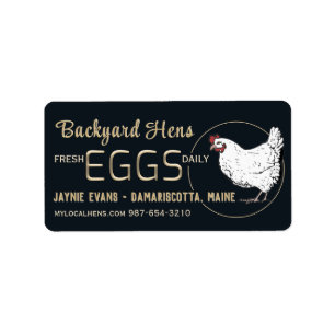 Embossed Gold Fresh Eggs White Hen on Black    Label