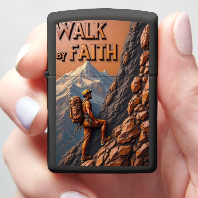 Embossed Hiker Orange Mountain Climb Zippo Lighter (In Hand)