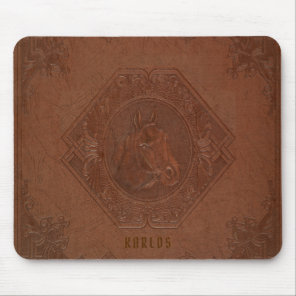 Embossed horse-head brown vintage leather mouse pad
