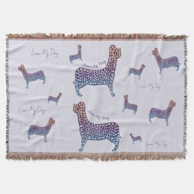 Embossed Indigo Gradient Paw Print Dog Outline Throw Blanket (Front)