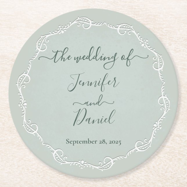Embossed Jade Bride + Groom Wedding Paper Coaster (Front)