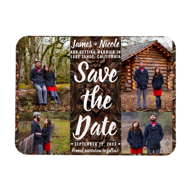 Embossed Leather 4 Photos Save the Date Wedding  Magnet (Horizontal)