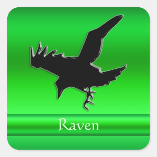 Embossed-look Black Raven on green chrome-effect Square Sticker